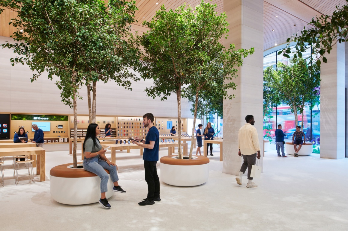 Ficusbäume stehen im Innenraum des neuen Apple Store in London...
