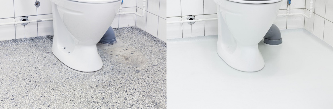 Zwei Bilder von Toiletten nebeneinander mit unterschiedlich aussehenden Böden...