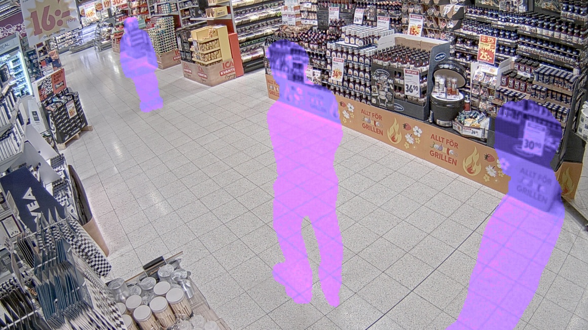 Lilafarbene durchsichtige Silhouetten von Personen in einem Supermarkt...