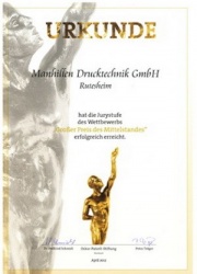 Die Urkunde der Oskar-Patzelt-Stiftung bezeugt, dass die Manhillen Drucktechnik...