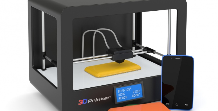 Foto: Grafik eines 3D-Druckers, der verschiedene Handyhüllen herstellt;...