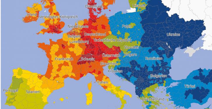Grafik einer Europalandkarte, Kaufkraft farbig markiert pro Land...