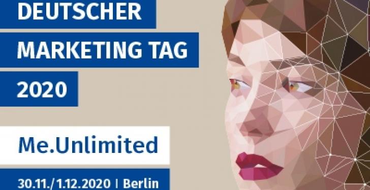 Eine Frau mit braunen Haaren. Daneben die Worte: Deutscher marketing Tag 2020....