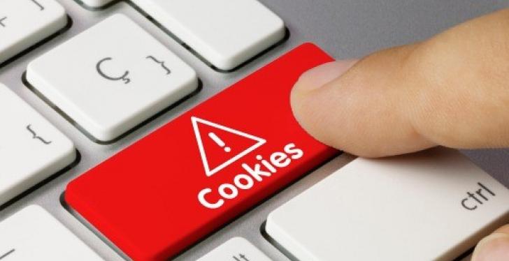 Finger tippt auf rote Keyboard-Taste mit der Aufschrift Cookies unter einem...