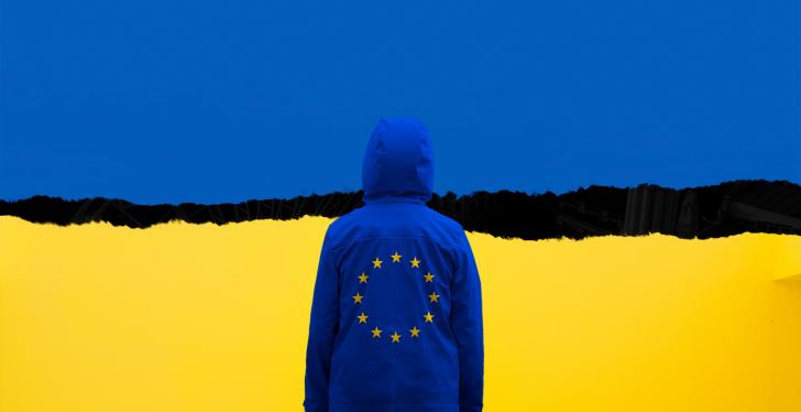 Eine Person mit dem Symbol der EU auf der Rückseite ihrer Jacke blickt auf...