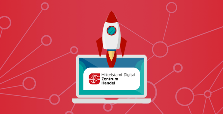 Das Logo des Mittelstand-Digital Zentrum Handel auf rotem Untergrund...