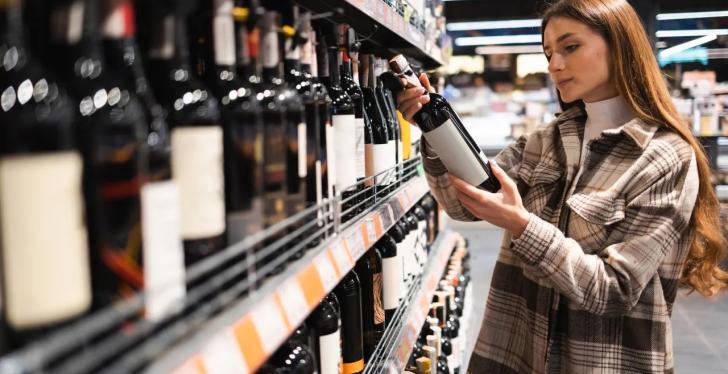 Eine Frau nimmt eine Weinflasche aus einem Supermarktregal und betrachtet sie...