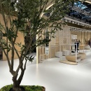 Integrierter Baum in sehr großem Topf mitten auf einer Freifläche im sonst...