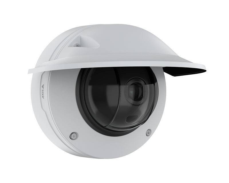 Eine Dome-Überwachungskamera mit Schirm in weißem Gehäuse...