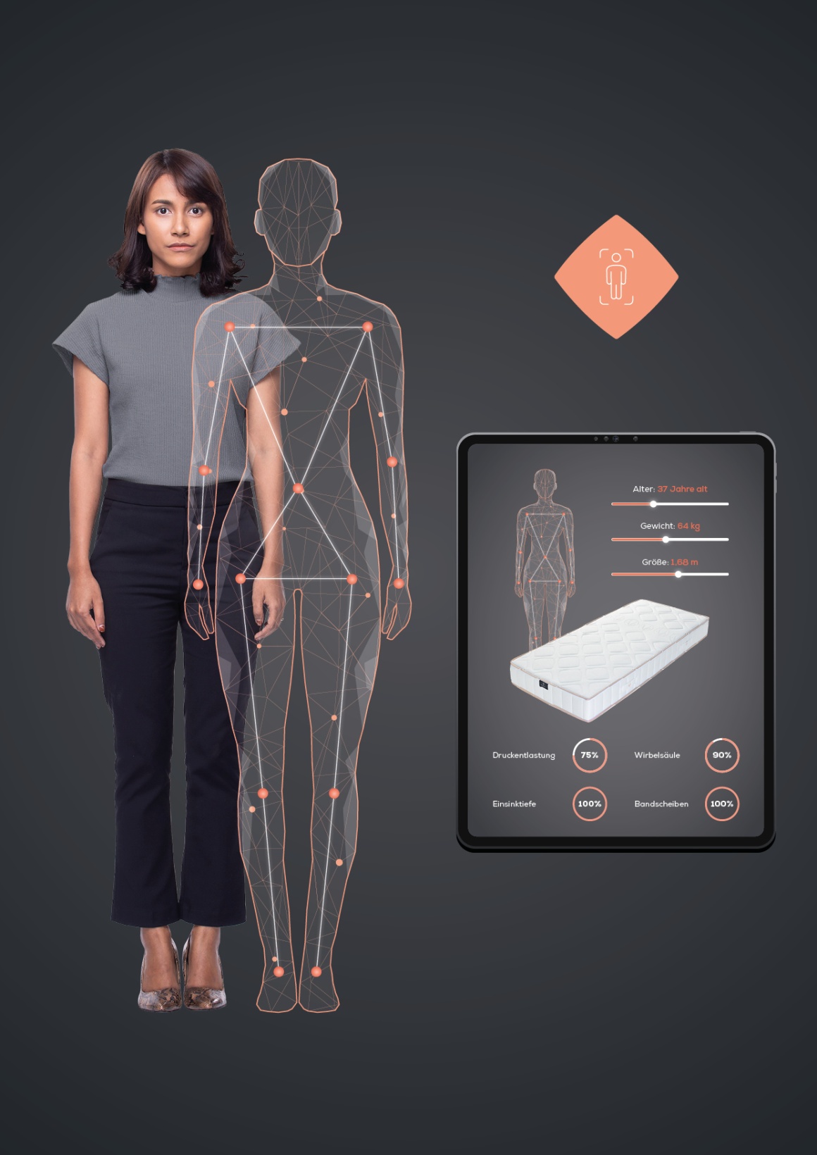 Visualisierung einer Frau und ihrer Körperdaten für eine Matratze; copyright:...