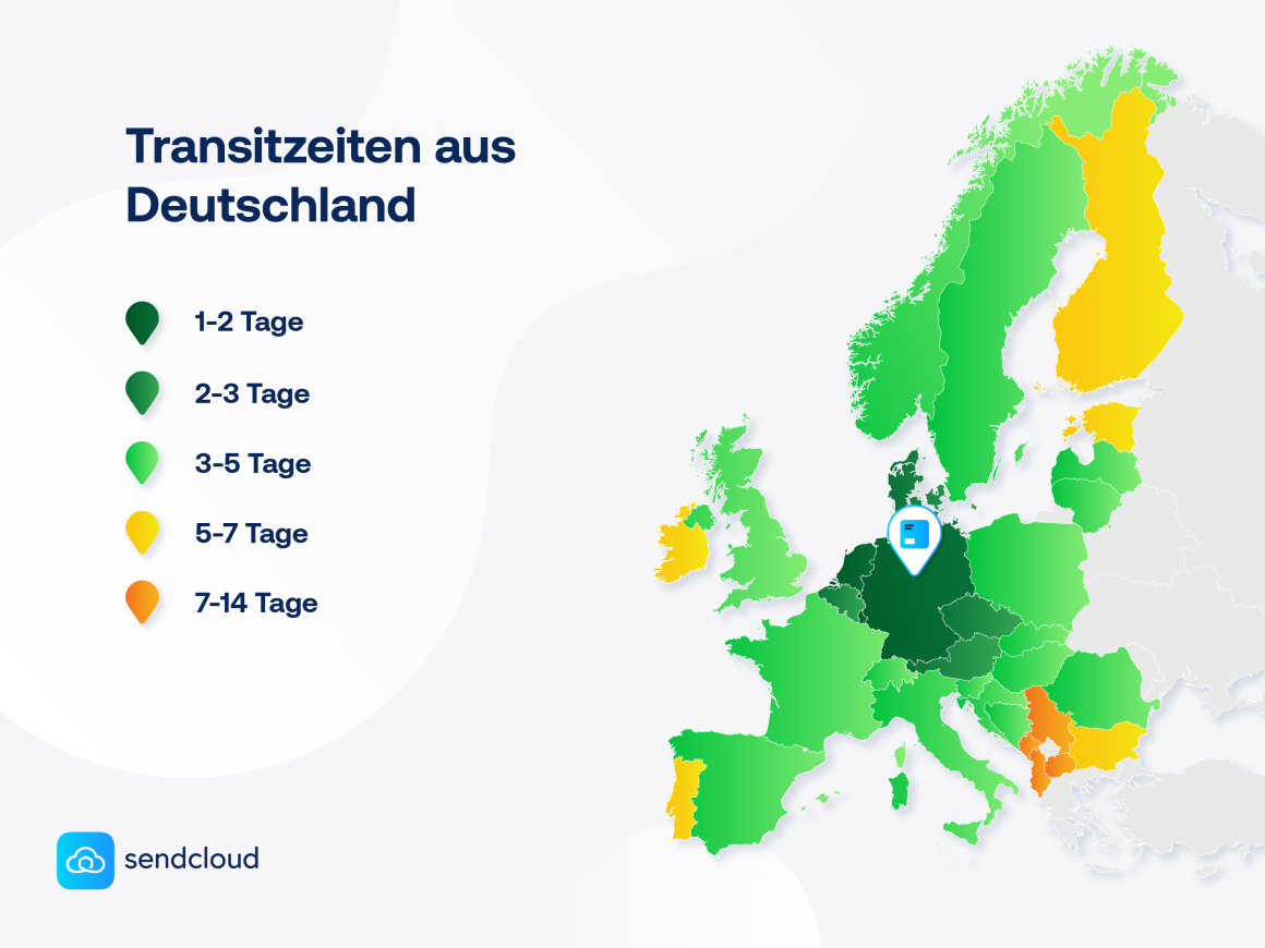 Eine Karte von Europa zeigt die Transitzeiten aus Deutschland...