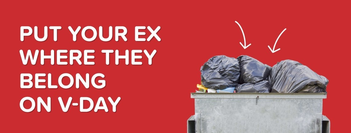 Eine rote Grafik mit einer Mülltonne und einem Text der besagt  Put your EX...
