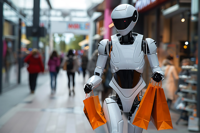 Bild: Ein humanoider Roboter geht durch ein Einkaufszentrum und trägt...