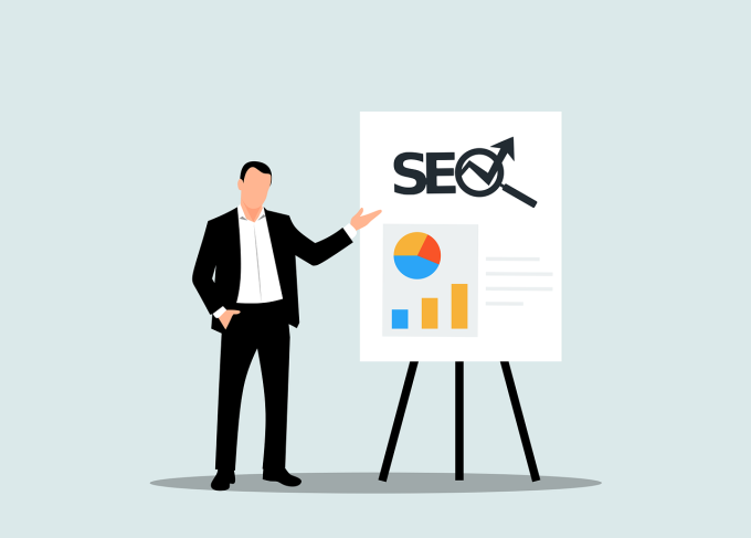 Zeichnung: Mann im Anzug steht an einem Chart mit SEO-Aufschrift...