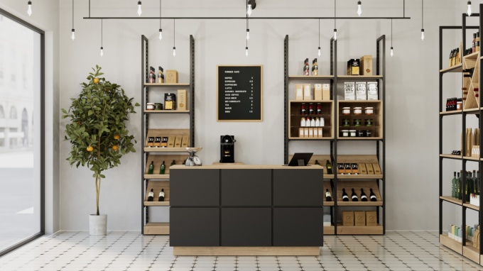 Ladeninneneinrichtung aus Holz mit Metall