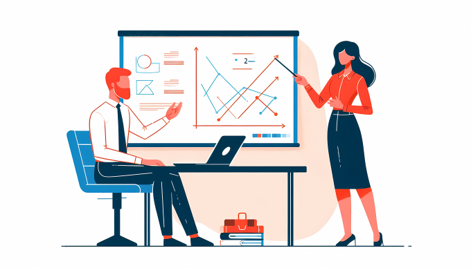 illustration: Eine Frau erklärt einem Mann am Flipchart Diagramme...