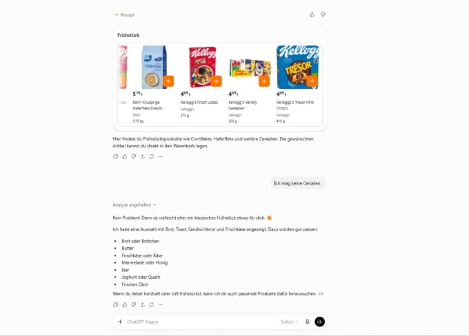 früstücksauswahl bei chatgpt von lieferdienst knuspr....