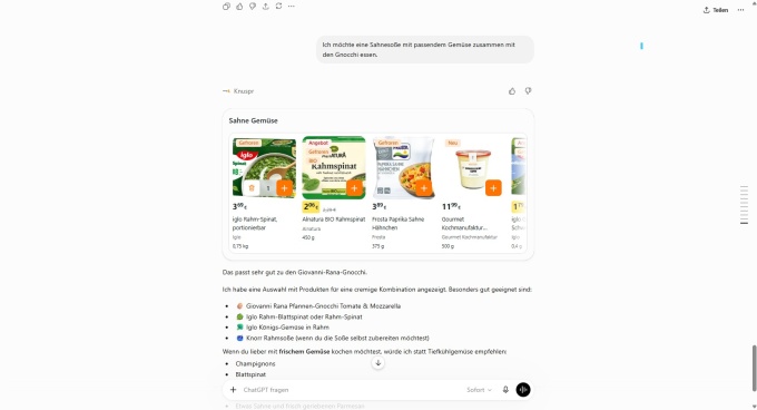 screenshot aus einkaufsgespräch mit chatgpt zu rahmspinat und sahnesoße...