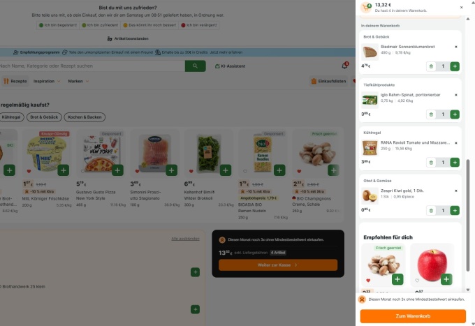 Warenkorb auf der Knuspr-Website