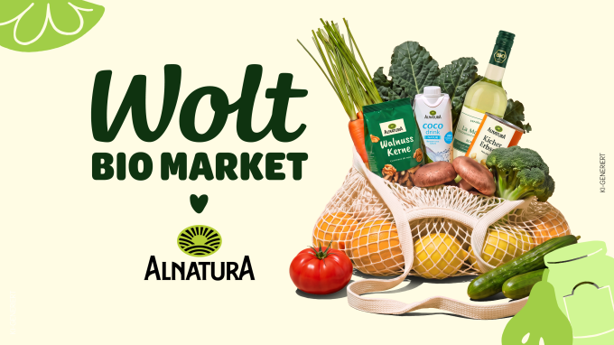 Visual: Wolt Bio Markt und Alnatura-Logo, mit Lebensmitteln vor grünem...