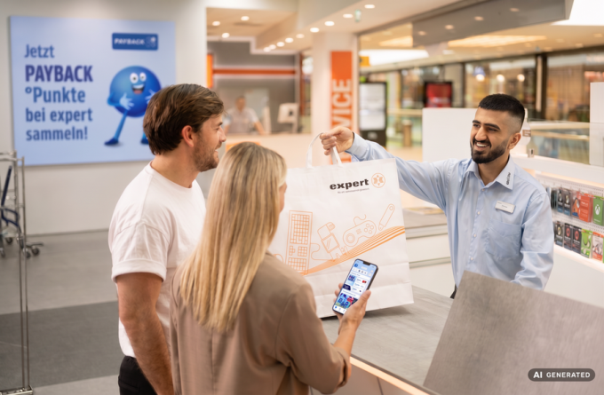 Mann und Frau stehen an der Kasse und nehmen Einkauf von expert entgegen....