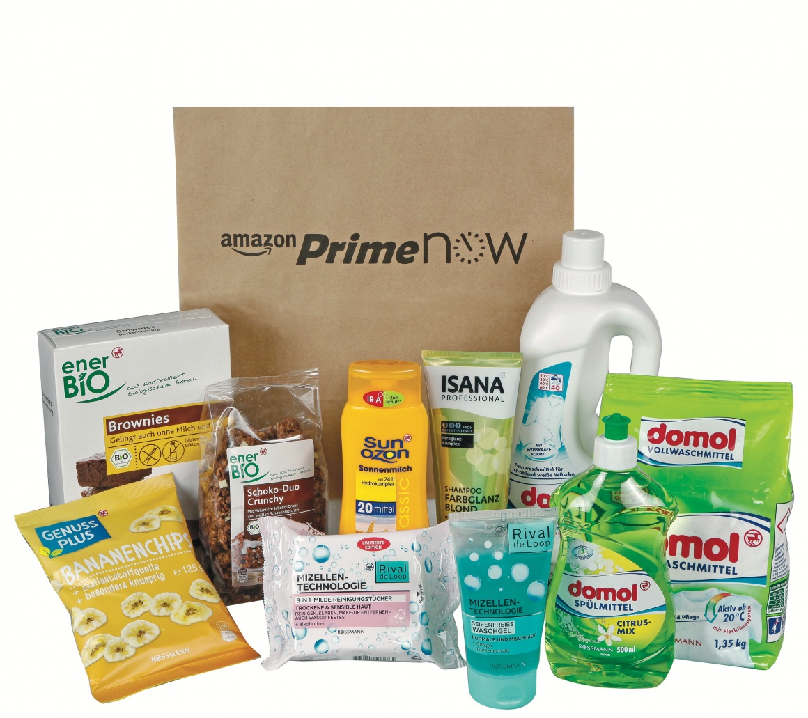Foto: Rossmann Drogerie-Produkte mit Amazon Prime Now Einkaufstüte; copyright:...