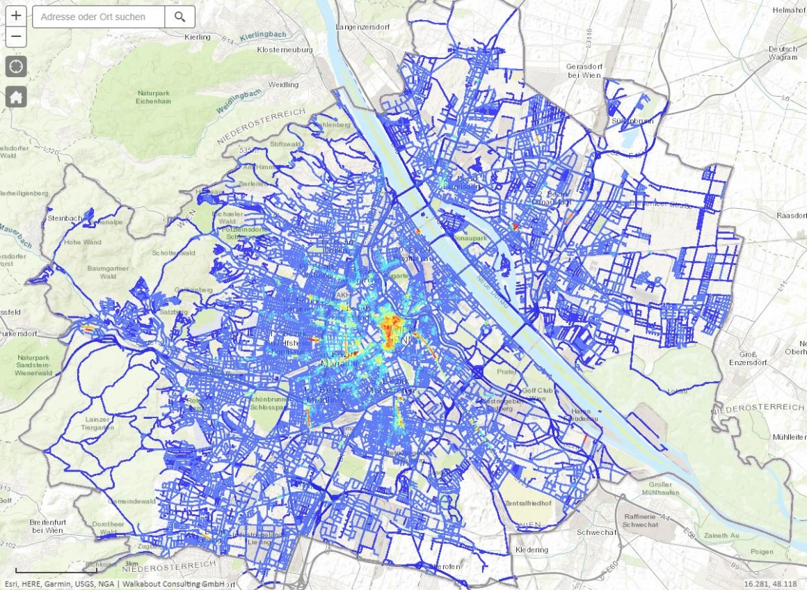 Screenshot der Karte von Passantendichte in Wien; copyright: Walkabout...