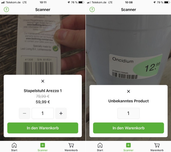 Screenshots von zwei Produktseiten einer App eines Freizeitmarkts; copyright:...