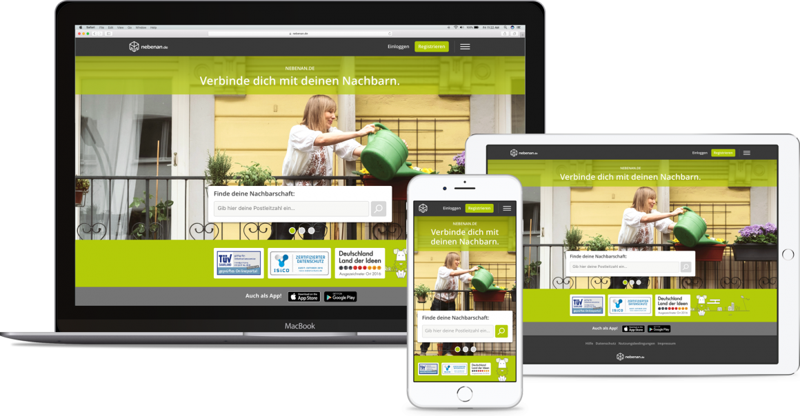 Desktop-, Tablet- und Smartphone-Ansicht der Homepage von nebenan.de....