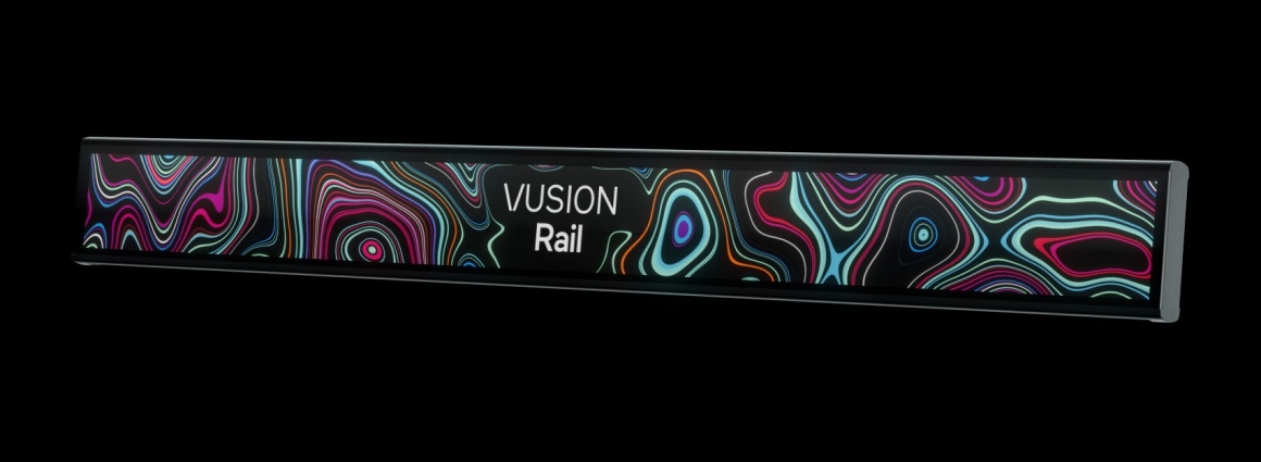 Eine schlanke digitale Anzeige mit dem Text VUSION Rail...