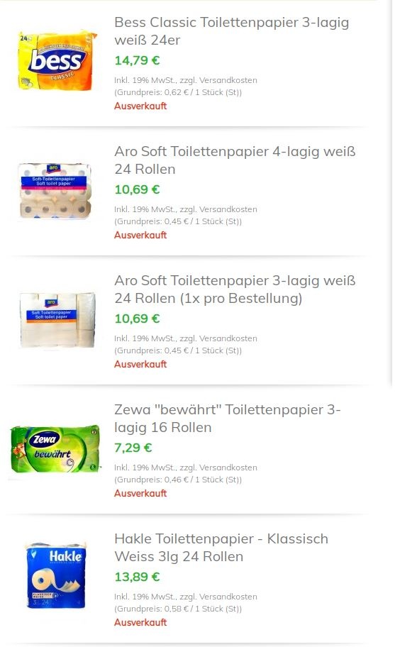 Screenshot einer Produktliste von Toilettenpapierartikeln...