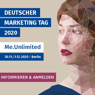 ine Frau mit braunen Haaren. Daneben die Worte: Deutscher marketing Tag 2020....