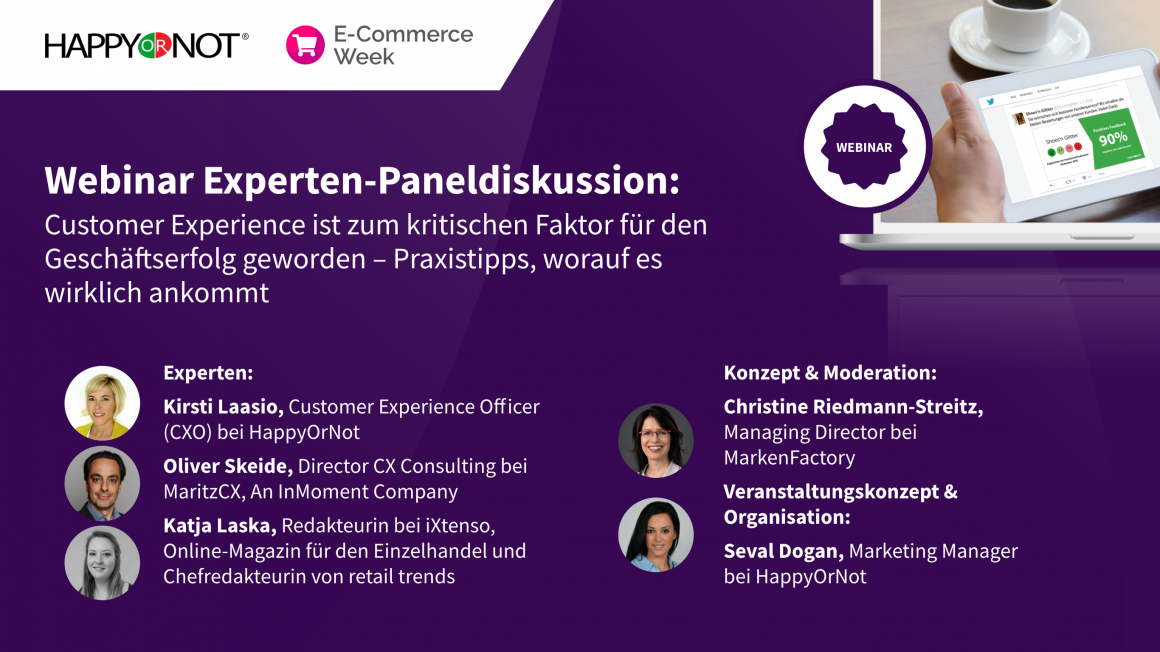 Auf lila Hintergrund: eine Übersicht der Experten im Webinar von HappyOrNot...