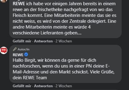 Ein Kommentar und eine Antwort von einer FacebookUnternehmensseite...