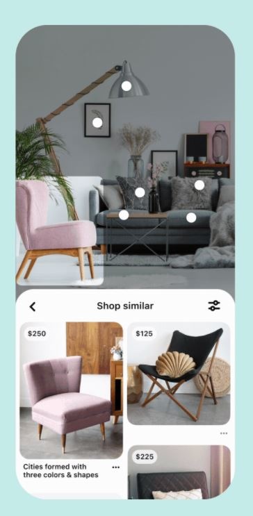 Teil der Pinterest-App mit Bildern von Möbeln