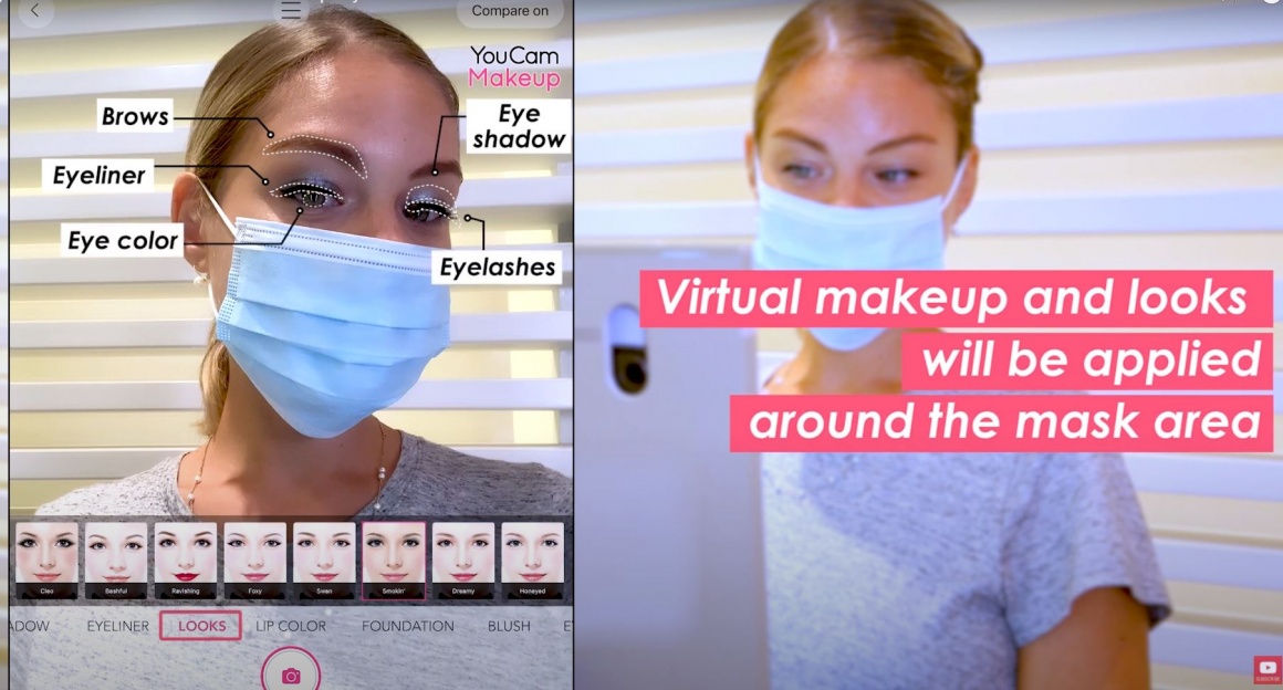 Frau mit Mundschutz testet virtuellen Make-Up-Look