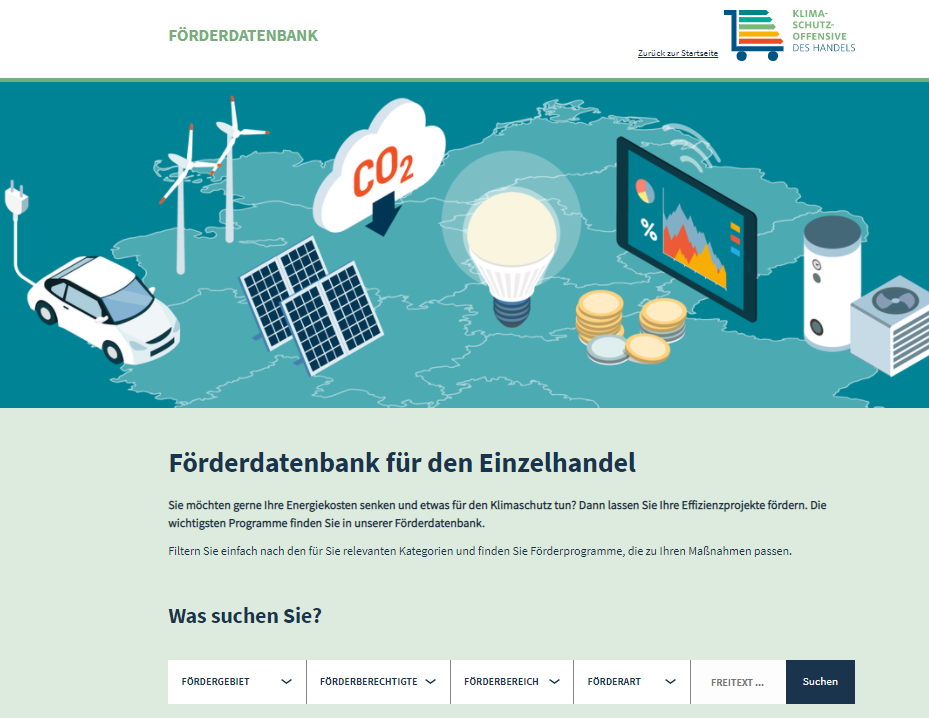 Screenshot einer Webseite des HDE zur Klimaschutzoffensive mit Förderdatenbank...